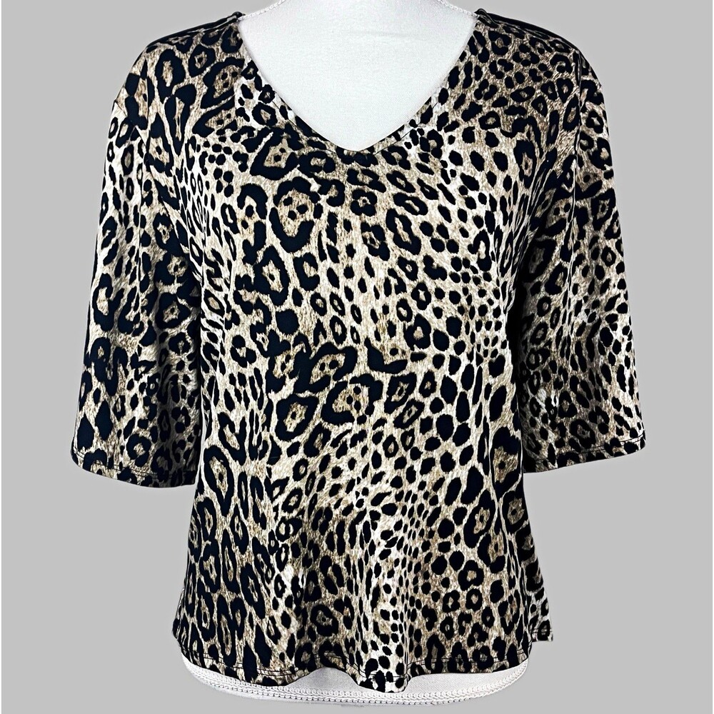 Coco Bianco Women’s M Black Beige Leopard Animal Print V-Neck 3/4 Sleeve Blouse